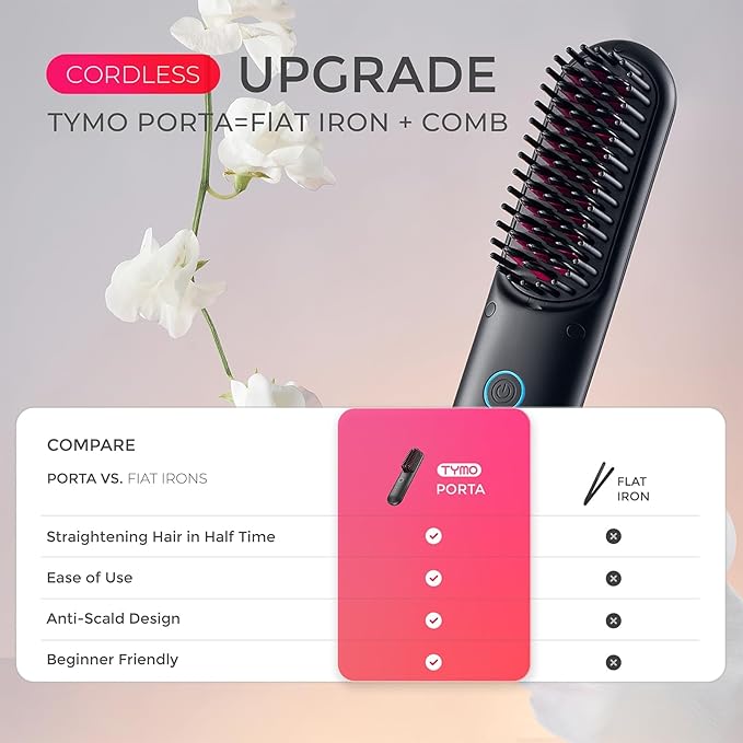 TYMO Porta Cordless Hair Straightener Brush, Portable Mini Straightening Brush for Travel, Negative Ion Hot Comb Hair Straightener for Women, Lightweight to Carry Out, USB Rechargeable, Black