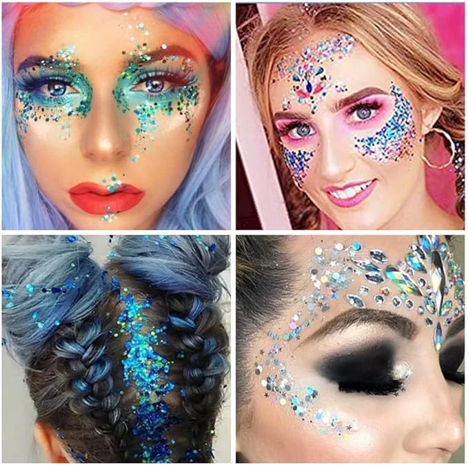 Go Ho Red White and Blue Body Glitter Set,4th of July Outfits for Women Reflective Glitter Makeup,Red White Bue Holographic Long Lasting Chunky Sequins Glitters,4th of July USA Accessories