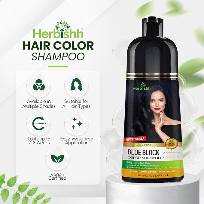Herbishh Hair Color Shampoo - Magic Long-Lasting Hair Dye for Gray Hair Coloring in Minutes - 500 Ml - 3-In-1 Ammonia-Free Formula (Blue Black)