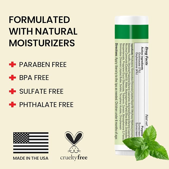 Dr. Hess Original Udder Stick SPF Lip Balm, Soothing Moisturizer Sun Screen Balm for Dry Lips with Jojoba, Beeswax & Shea Butter, Total Lip Care, Hydration & Repair, Mint Flavor, 4 Pack