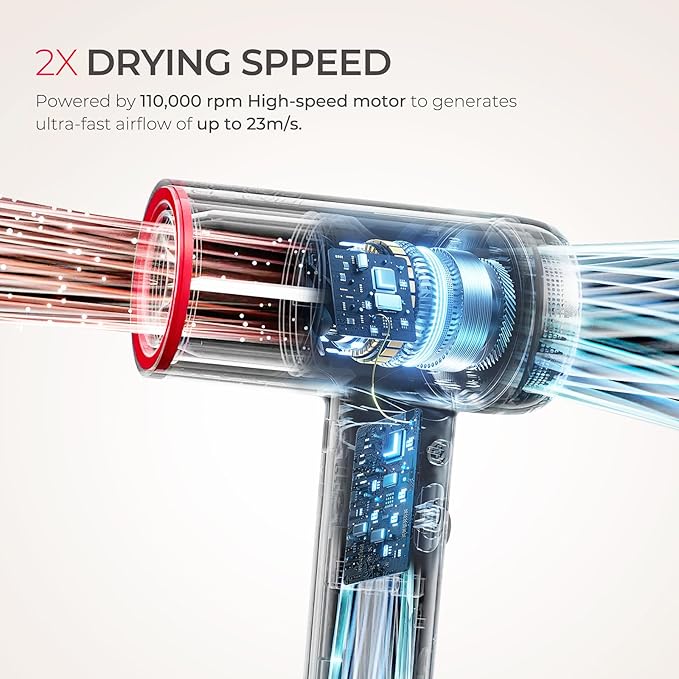 TYMO Hair Dryer with Diffuser, 1500W High-Speed Professional AIRHYPE Lite Blow Dryer with Comb for Fast Drying, 110,000RPM Brushless Motor, 200 Million Ionic Hairdryer, 3 Speeds & 4 Temps, Low-Noise