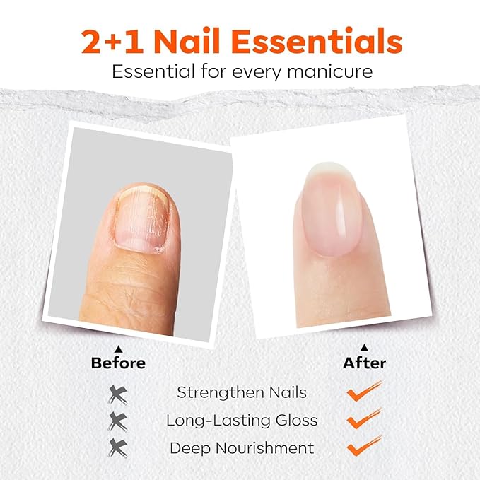 modelones Nail Polish Top Coat Base Coat 3-in-One, 15 Ml Clear Nail Strengthener Quick Dry Long Lasting Shine Chip Fade Resistant Nails Protect Care Gifts for Women