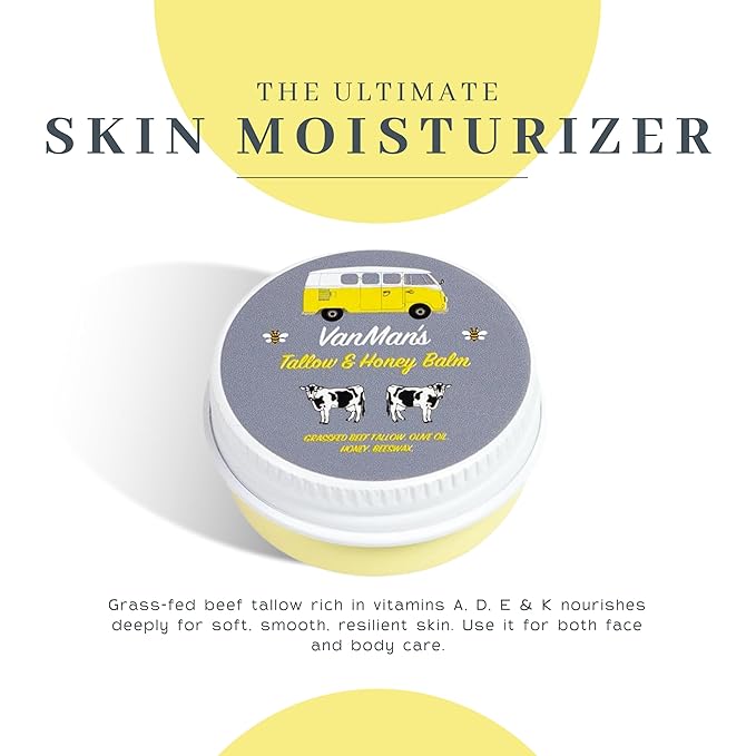 Vanman’s - Tiny Tallow and Honey Balm - Unscented Face Moisturizer with Grass-Fed/Finished Beef Tallow, Honey, and Vitamins A, K, D, E - 0.25 oz