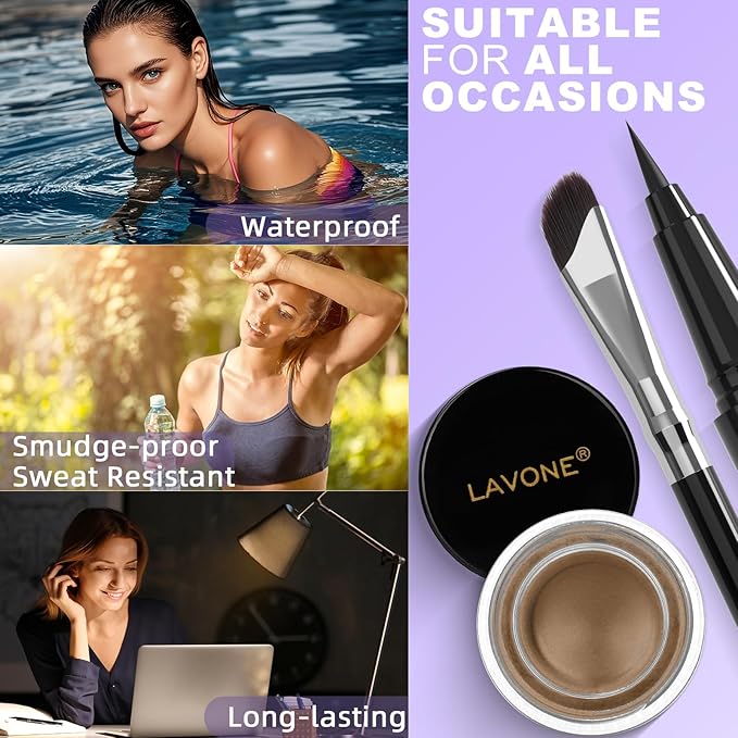 LAVONE Eyeliner Set - Waterproof Makeup Kit with Liquid eyeliner Pencil, Gel Eyeliner & Angled Eye liner Brush, Waterproof, Smudge Resistant, Long Lasting Formula - Taupe