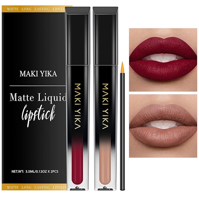 MAKI YIKA 2Pcs Matte Liquid Lipstick Set Burgundy Nude Lipstick Long Lasting Smudgeproof Transfer Proof Lip Makeup, Burgundy/LatteNude