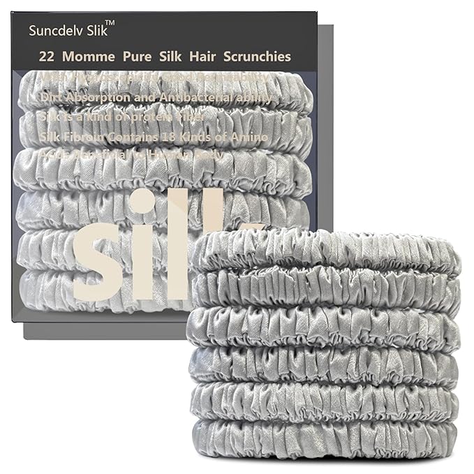 Suncdelv Silk,100% Silk Scrunchies for Hair,22 Momme Hair Ties for Anti-Crease & Breakage,Natural Women Hair Accessories，Fashion Hairbands 6PCS（Silver Grey）