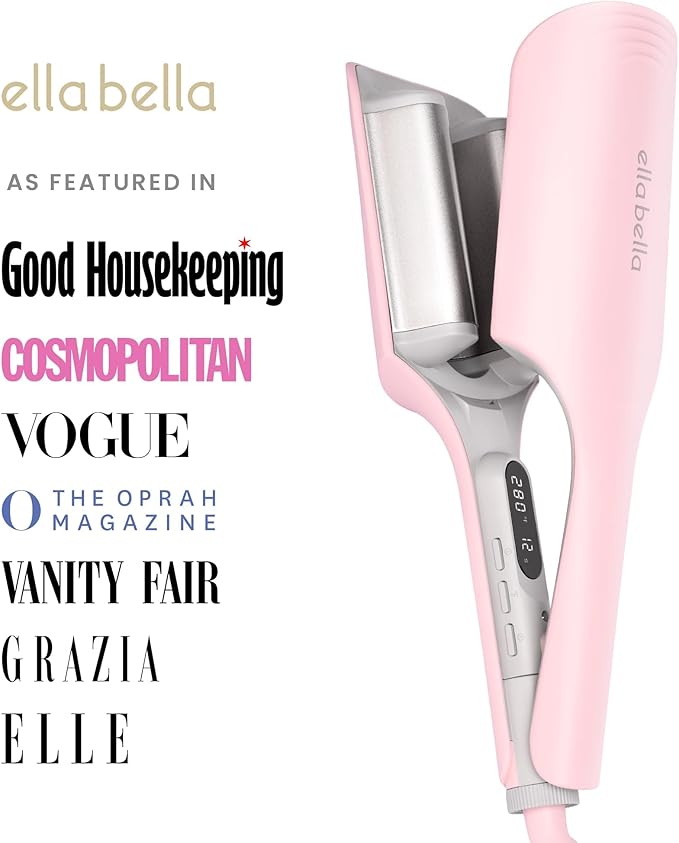 ELLA BELLA® Ultimate Waver Curling Iron • Crimper Hair Tool • Adjustable Heat Settings Dual Voltage • Anti-Scald Tech • Ionic Ceramic Coating for Long-Lasting, Frizz-Free Beach Waves (Pink & Grey)