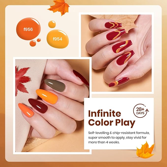 Beetles Fall Gel Nail Polish Set - 6 Colors Burgundy Red Orange Yellow Brown Gel Polish Kit for Nails, Autumn Leaves Soak Off UV LED Nail Gel Manicure at Home Gifts for Women