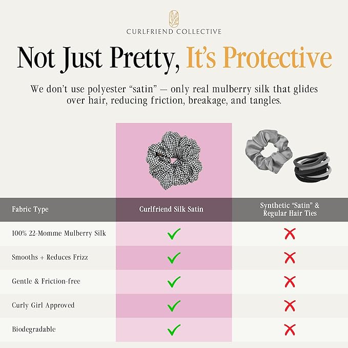 Curlfriend Collective Houndstooth XL Silk Scrunchie – 100% 22 Momme Mulberry Silk Hair Tie for Curly, Coily & Thick Hair – Gentle Hold, Extra Stretch, Stylish & Snag-Free