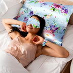 2 Pack Satin Pillowcase with Latent Zipper, Adjustable Satin Eye Mask for Sleeping and Satin Volume Scrunchie for Hair and Skin, Standard Size (Light Blue,Flower Style)
