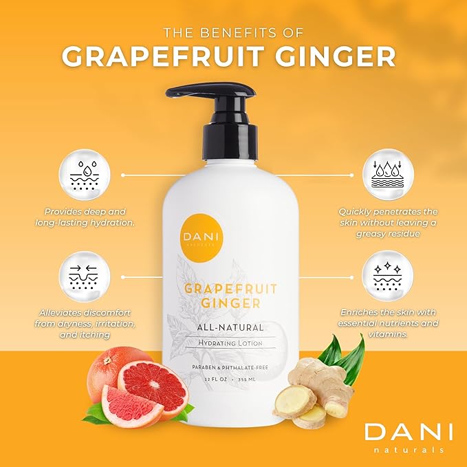 DANI Naturals Hand & Body Lotion - Grapefruit Ginger, Hydrating Lotion with Aloe Vera, Vitamin E & Shea Butter, Moisturizing for All Skin Types, Paraben-Free, 12 Oz