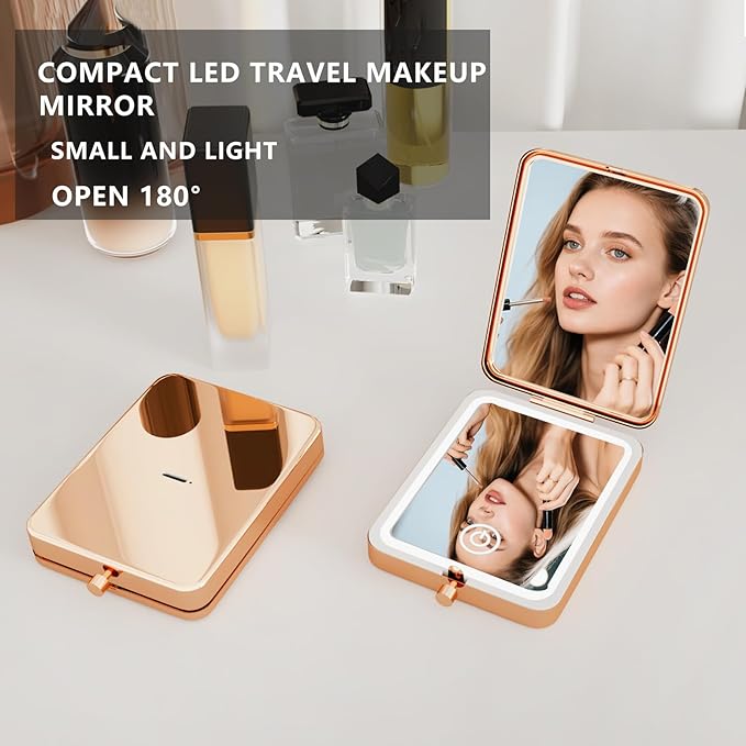 2025 Pocket Mirror With Light, Rose Gold Rechargeable Dimmable 3 Color Lighting 1x/3x Led Compact Travel Makeup Mirror for Purse, Portable, Folding, Handheld, Small Lighted Mirror Gift for Women