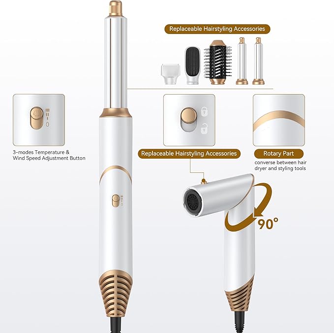 Hair Dryer Brush 5 in 1, Blow Dryer Brush Set with Air Curler Wrap Hair Styler, Negative Ionic Blow Dry Brush, Detachable Hair Tool for Curling, Volumizer,Straightener,Drying