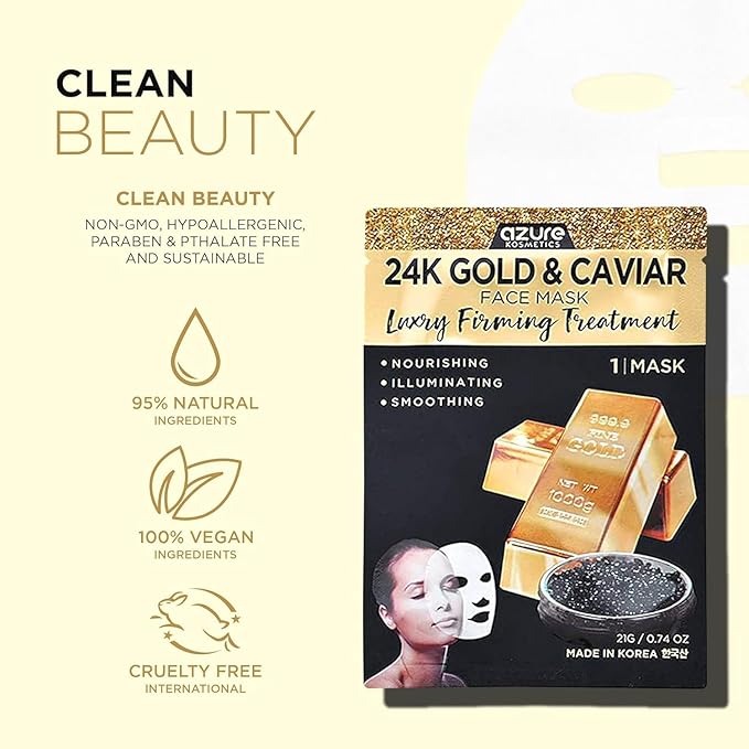 Azure Cosmetics 24K Gold, Caviar, Vitamin C, Hyaluronic Acid, Retinol & Collagen Anti-Aging Face Mask - Ultimate Variety Pack of 20 - Dermatologist Tested - Hydrating & Firming - Korean Skin Care