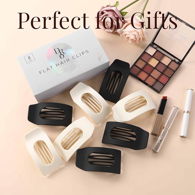 8 Pack Black White Flat Hair Clips for Women – Large Matte Rectangle No-Slip Claw Clips for Thick & Thin Hair, Strong Hold Square Hair Accessories