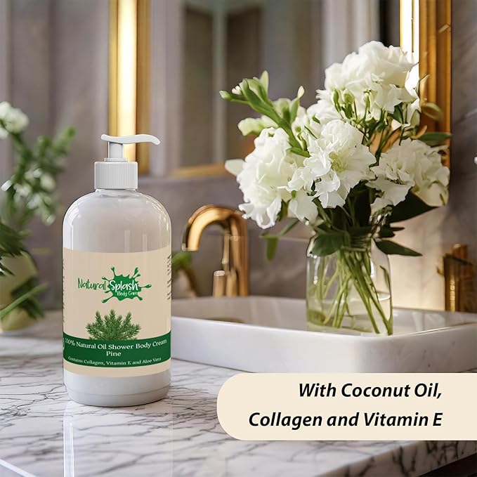Shower Body Cream - Pine with Shea Butter, Collagen, Vitamin E and Aloe Vera - Moisturizing, Nourishing, and Soothing Skin Care - By Natural Splash.