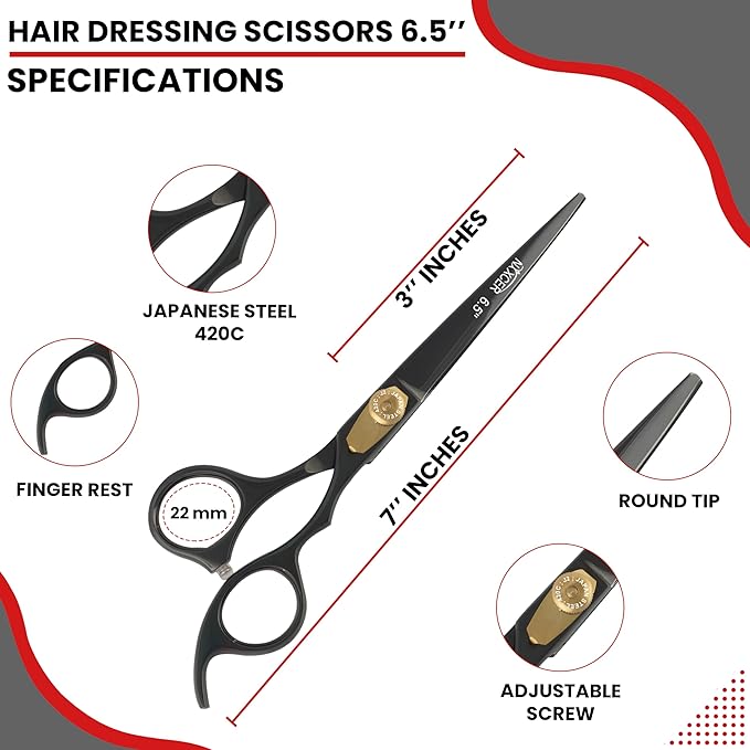 Hair Cutting Scissors -Sharp Razor Edge Blade Hair Shears Series - 6.5" With Fine Adjustment – Stainless Steel Hair Scissors Professional For Men, Women & Babies (Black)