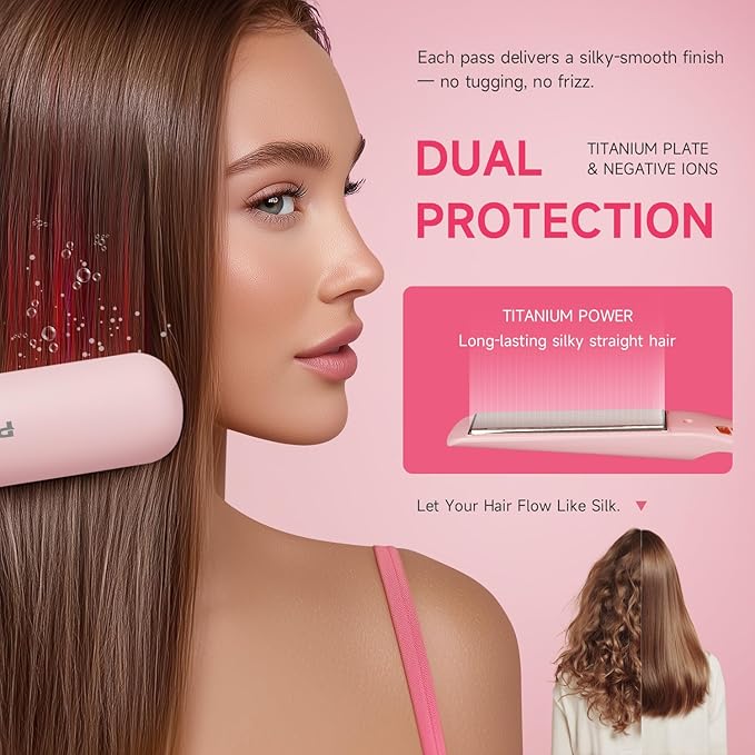 Flat Iron Hair Straightener 1 Inch Titanium - Fast Heating Pink Hair Straightener， Negative Ions Flat Iron 12 Temp (230°F-450°F), Auto Shut Off, Temp Memory & Dual Voltage for Smooth Silky Hair
