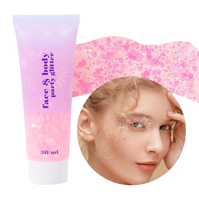 DAGEDA Body Glitter Gel, Face Glitters Body Gel Sequins Shimmer Liquid Eyeshadow, Chunky Glitter for Face Hair Nails, Holographic Cosmetic Laser Powder Festival Glitter Makeup 1.7oz (Light Pink)