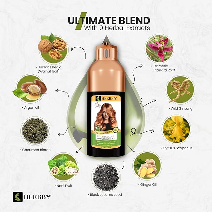 HERBBY Hair Color Shampoo for Gray Hair Coverage&Color Transform with 9 Herbal Extracts –Long Lasting(6-8 Weeks),Shiny,Evenly Colored,Instant Hair Dye Shampoo&Conditioner,500 Ml (GINGER CARAMEL COLOR)