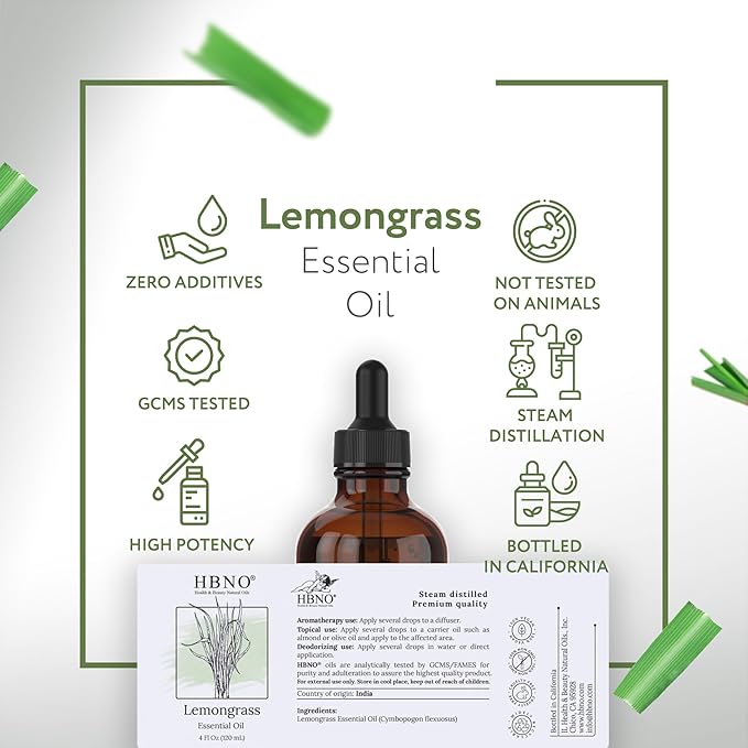 HBNO California Bottled Lemongrass Essential Oil 4 fl oz (120ml) - Natural Lemongrass Oil, Perfect for Cleaning, Aromatherapy, DIY, Soap & Diffuser -