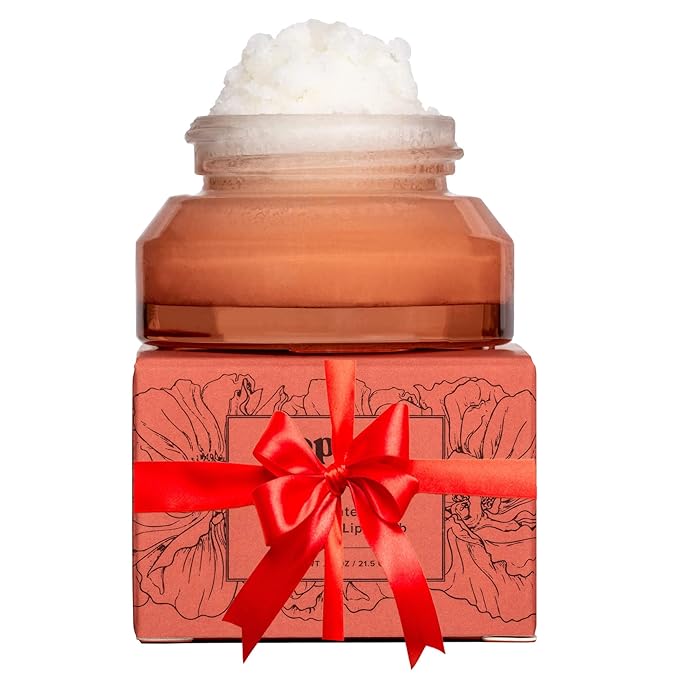 Poppy & Pout Natural Lip Scrub, Moisturizing Sugar Scrub for Dry Lips, Lip Scrubber Exfoliator with Essential Oils Smooths and Hydrates Lips, In Recyclable Glass Jars, Cruelty Free - Pomegranate Peach