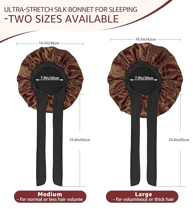 HiRui Silk Satin Bonnet for Sleeping Women, Double-Layer Sleep Cap Shower Cap with Adjustable Tie, Moisture Retaining Satin Lined Hair Bonnet for Curly and Natural Hair (Brown/Black, Large)