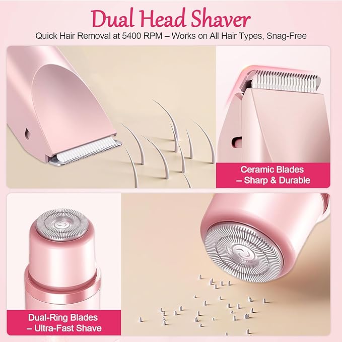 2-in-1 Bikini Trimmer for Women, Bikini Shaver, Dual Head Electric Razor, IPX7 Waterproof Wet/Dry, USB Rechargeable for Pubic/Underarm/Leg, Pink