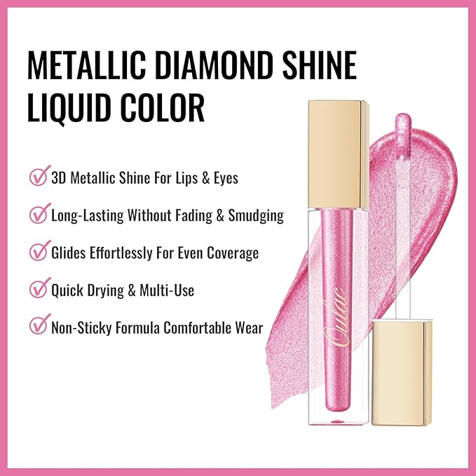 Oulac Pink Metallic Lipstick for Women, Long Lasting Lip Gloss Waterproof, Lips & Eye 2 IN 1 Lip Makeup, High Impact Lip Color, 3D Metallic Finish, No Transfer, Vegan MD08