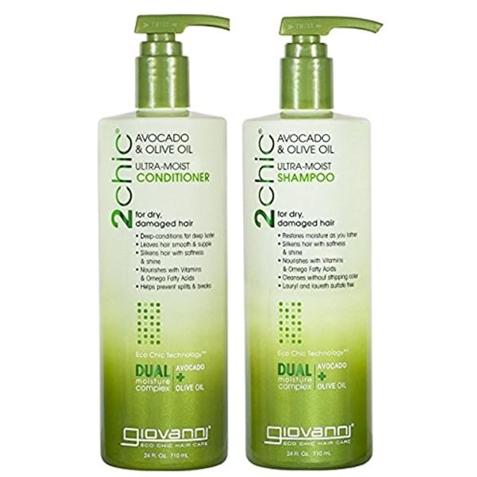 Giovanni 2Chic Ultra-Moist Avocado & Olive Oil Shampoo and Conditioner Set - Moisture & Natural Growth for Men & Women with Moisturizing Aloe Vera, Sulfate Free - 24 Fl Oz (Set of 2)
