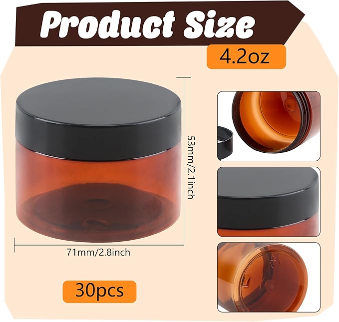 30 Pack 4 oz Amber Plastic Jars with Lids Empty Refillable Cosmetic Container for Beauty Essential Products Body Butter Creams Gel and Lotion