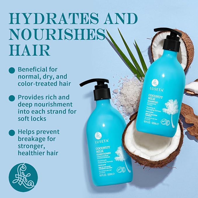 L LUSETA Coconut Milk Shampoo & Conditioner, Nourishing & Moisturizing Hair, Sulfate & Paraben Free, Keratin & Color Safe, 16.9oz Each