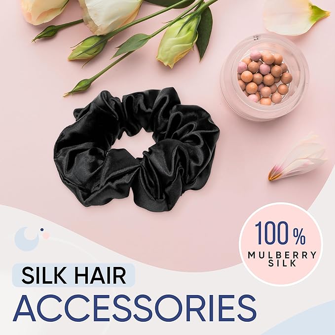 Blissy Silk Scrunchies (3 Pack) - 100% Pure Mulberry Silk - 22 Momme 6A High-Grade Fibers Scrunchie for Straight & Curly Hair (Black/Gold/Pink, Regular)
