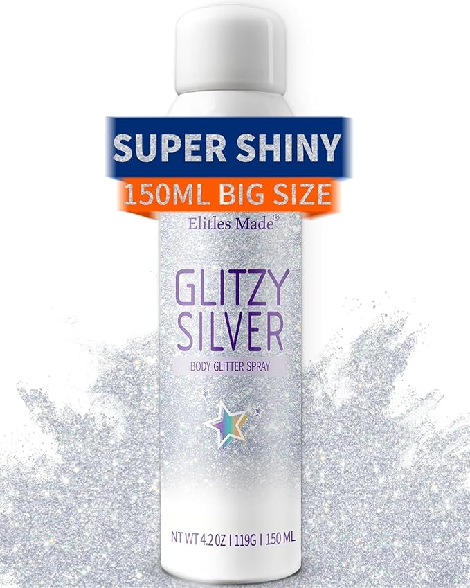 Hair Glitter Body Glitter Spray, 150ML Glitter Hairspray Silver Glitter Spray for Hair and Body, Hair Glitter for Kids Women, Body Shimmer Festival Rave and Makeup 4.2 Fl Oz