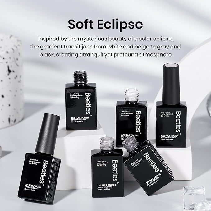 Beetles Gray Gel Polish Set Gel Nail Polish Winter Colors 2025 White Black Nude Neutral Gray Milky Soak off Uv Led Lamp Needed Manicure Salon DIY at Home Gifts for Women Soft Eclipse