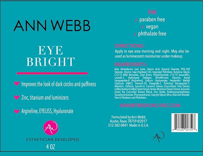 Eye Bright Cream - Anti Aging Eye Cream w/Collagen Peptides & Hyaluronic Acid for Dark Circles, Firms Fine Lines. 4oz