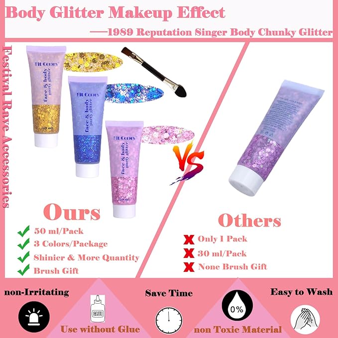 Body Glitter Face Glitter Gel: Singer Concerts Disco Festival Rave Accessories Face Glitter Makeup Chunky Sequins Mermaid Face Body Hair Glitter Gel (Pink&Gold&Blue)