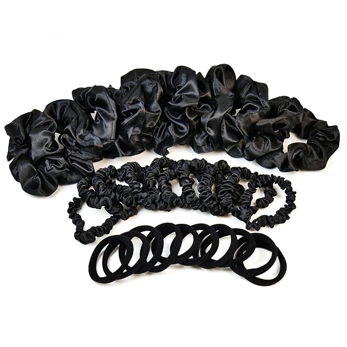 Scrunchies for Women Pack of 30 - Soft Black Hair Accessories Set, Seamless Thick Hair Ties Big Small Size Satin Scrunchie for Girls, Daily Use, Back to Shool Gifts for Her