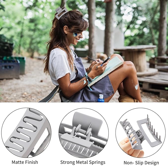 6 Pack Hair Clips, 3.5 Inch Medium Hair Claw Clips for Women and Girls - Grey