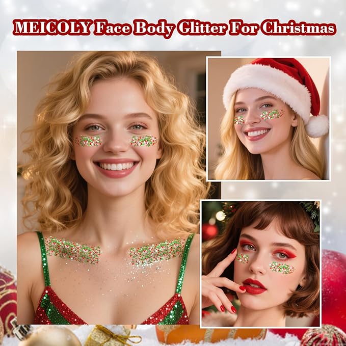 MEICOLY Christmas Face Body Glitter Gel,Christmas Hair Glitter,Christmas Accessories Stocking Stuffers Gift Decorations,Festival Face Glitter Makeup for Women Kids Girls,Chunky Glitter Face Paint