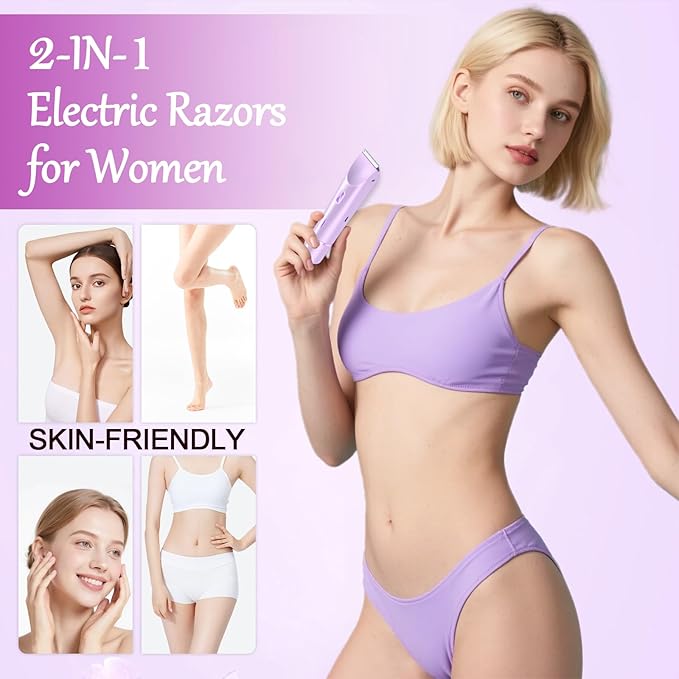 2-in-1 Bikini Trimmer for Women, Bikini Shaver, Dual Head Electric Razor, IPX7 Waterproof Wet/Dry, USB Rechargeable for Pubic/Underarm/Leg, Pink