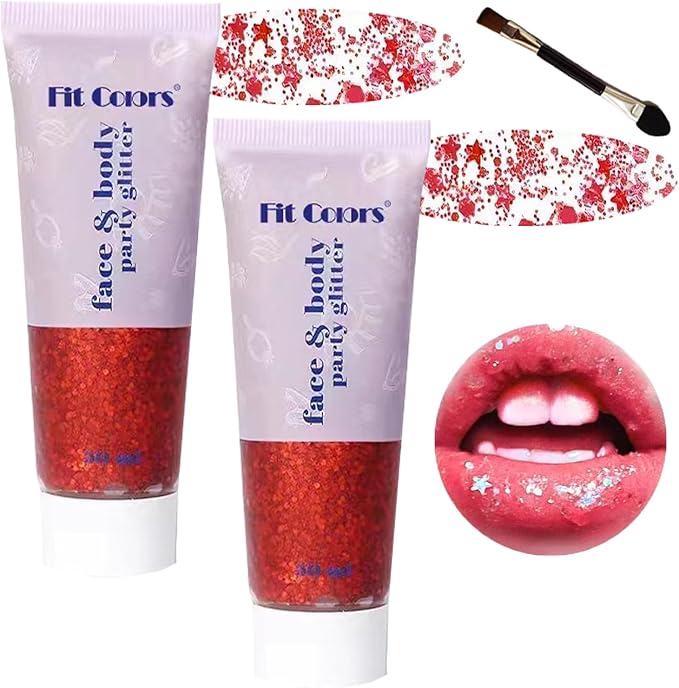 Body Glitter Face Glitter Gel: Singer Concerts Disco Festival Rave Accessories Face Glitter Makeup Chunky Sequins Mermaid Face Body Hair Glitter Gel (2 Red)