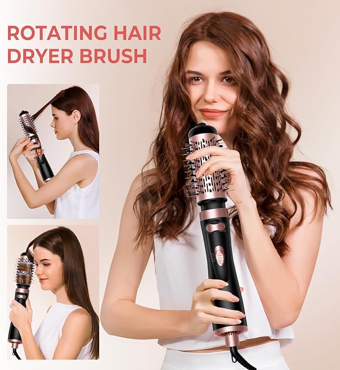 Hair Dryer Brush, 3-in-1 Rotating Round Hot Air Spin Brush Set with 2 Brushes (2" & 1.5"), Negative Ionic Blow Volumizer, 2 Detachable Auto-Rotating Curling Brush 100-120V