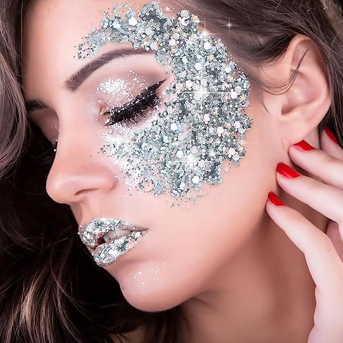 MEICOLY Silver Body Glitter,Music Festival Outfits for Women,Face Glitter Gel Festival Accessories,Chunky Glitter Face Paint,Mermaid Sequins Hair Glitter Makeup,Sparkle Body Glitter Gel for Women Kids