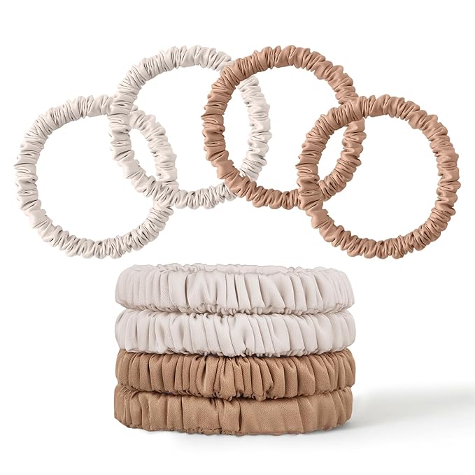 8Pcs Silk Scrunchies Hair Ties for Women & Girls, Mulberry Silk Scrunchies No-Damage Thin Satin Ponytail Holders for Hair Care(Clolor 07)