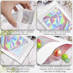 100 Pack Holographic Bags, Smell Proof Packaging Bags, Clear Window Resealable Odor Foil Pouch Mylar Bag for Food Storage and Lipgloss, Jewelry Lash (White, 3 x 4.7 Inch)
