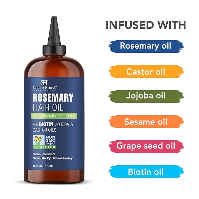 Botanic Hearth Rosemary Oil for Hair Growth | Strengthening Biotin, Jojoba, Castor Hair Growth Oil for frizzy hair | Dry, Damaged Scalp Treatment | Color Safe | All Hair Types | 16 Fl Oz