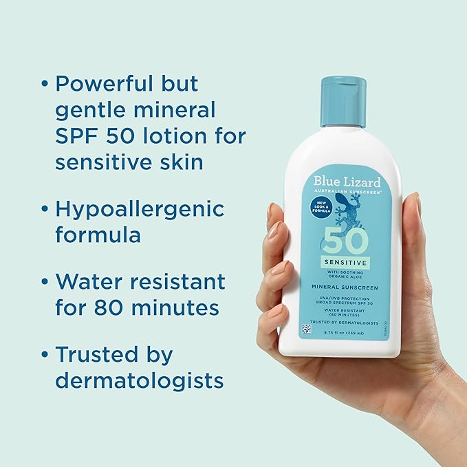 Blue Lizard SENSITIVE Mineral Sunscreen with Zinc Oxide, SPF 50+, Water Resistant, UVA/UVB Protection with Smart Bottle Technology - Fragrance Free, 8.75 oz. (Pack of 2)