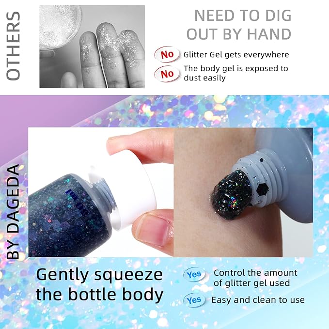 DAGEDA Body Glitter Gel, Face Glitters Body Gel Sequins Shimmer Liquid Eyeshadow, Chunky Glitter for Face Hair Nails, Holographic Cosmetic Laser Powder Festival Glitter Makeup 1.7oz (Black)