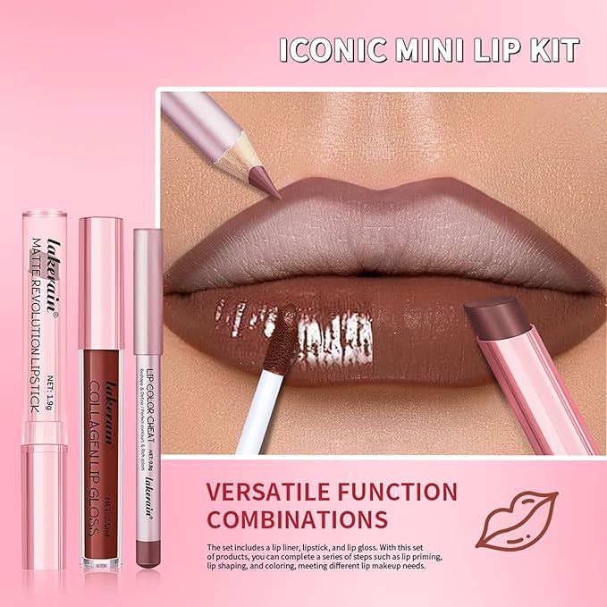3PCS Lip Liner and Lipstick Combo Set - Matte Lip Liner Pencil, Velvet Matte Lipstick & Hydrating Collagen Lip Gloss - Long-Lasting, Smudge-Proof, High Pigment Nude Pink Lip Makeup Kit (Nude Pink)